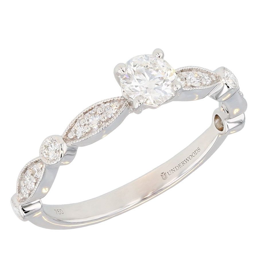 Round Diamond in White Gold Milgrain Ring