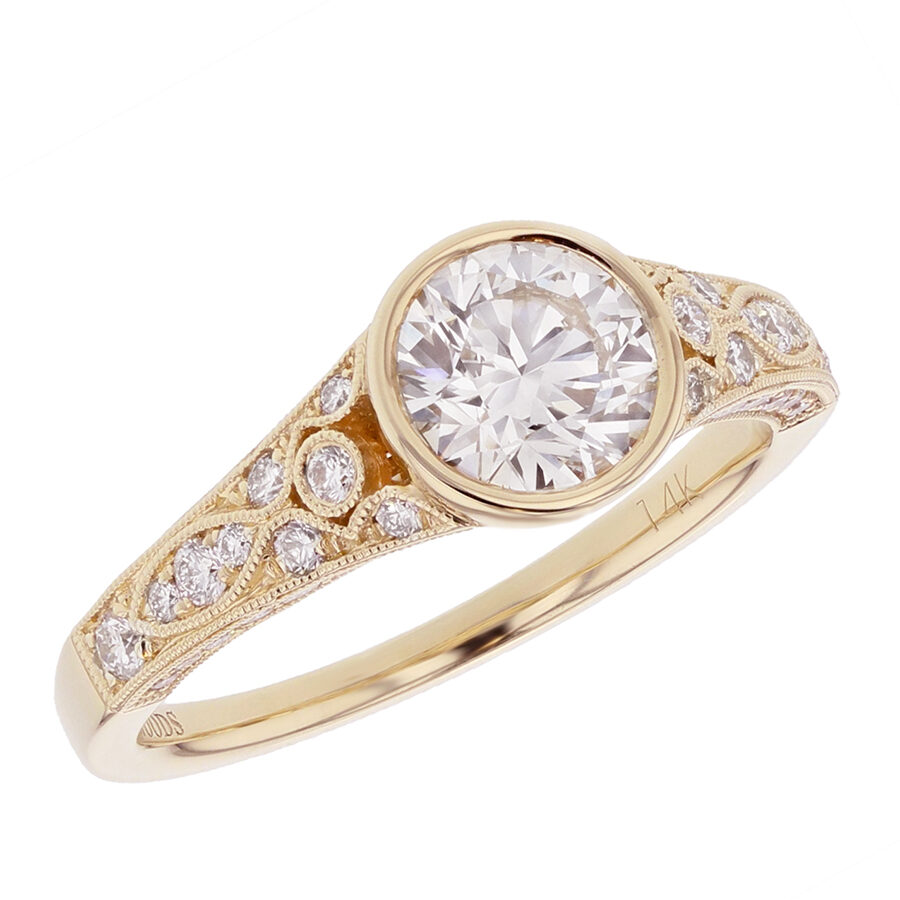 Bezel Set Round Diamond in Yellow Gold Milgrain Ring