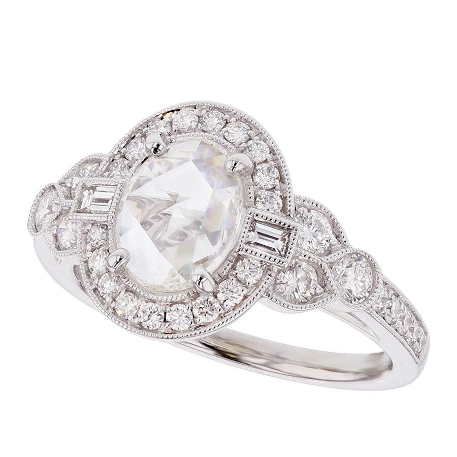 Oval Rose Cut Diamond in White Gold Halo Ring