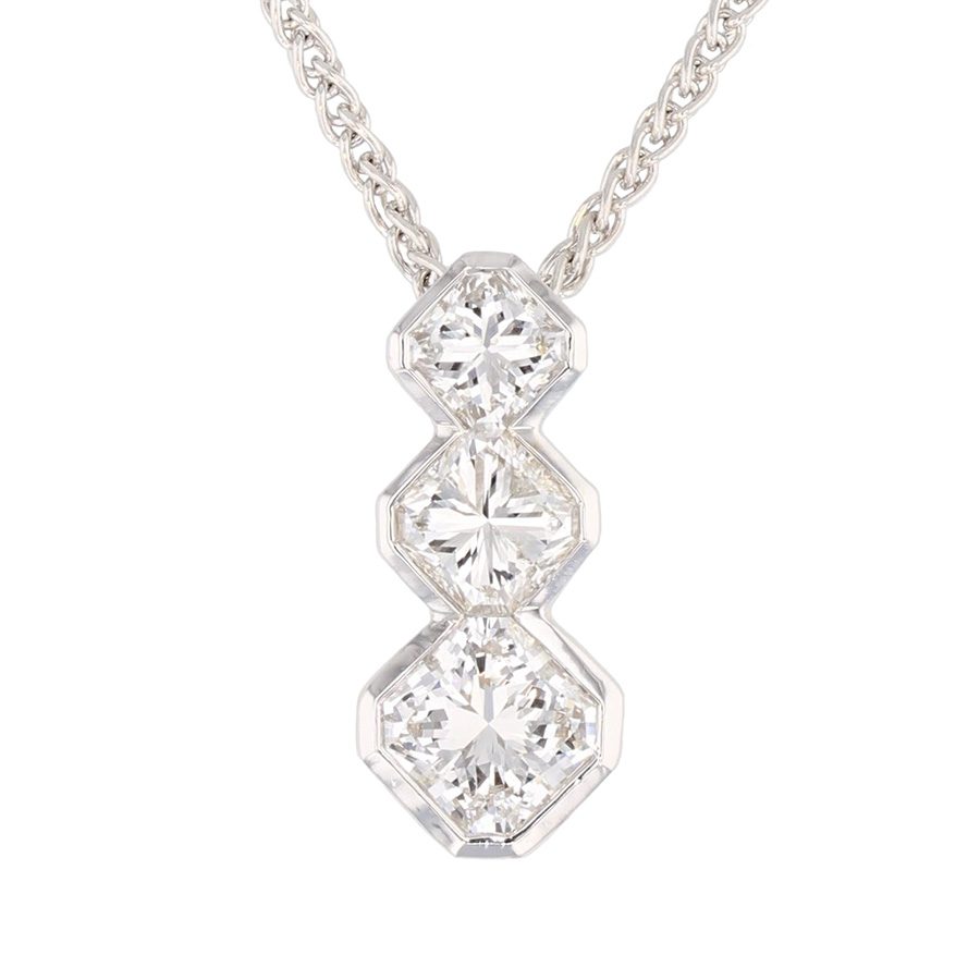 Three Princess Cut Diamonds in White Gold Bezel Set Necklace