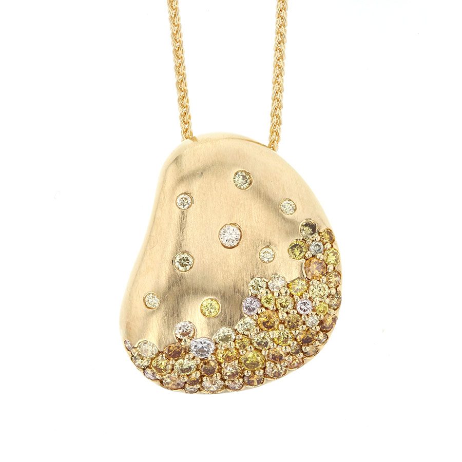 Multi-Color Diamonds in Satin Finished Yellow Gold Pendant