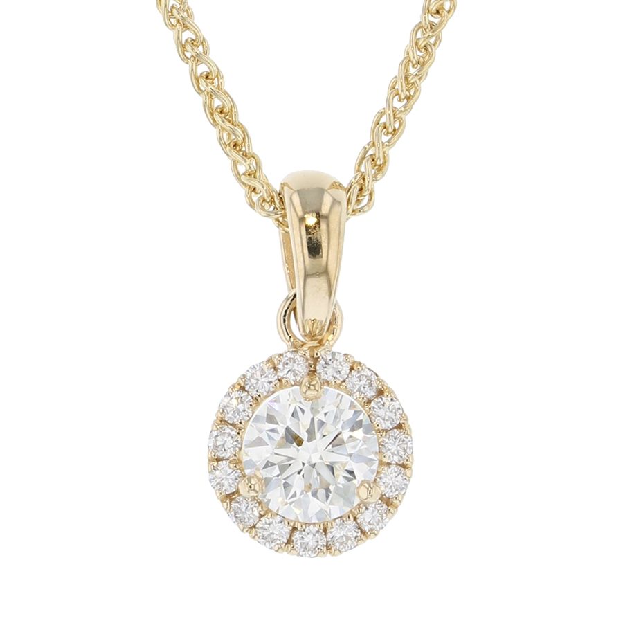 Round Diamond in Yellow Gold Halo Necklace