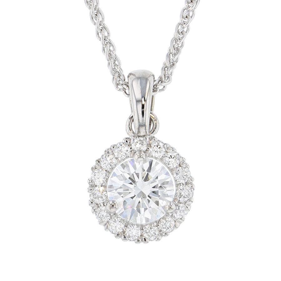Round Diamond in White Gold Halo Necklace