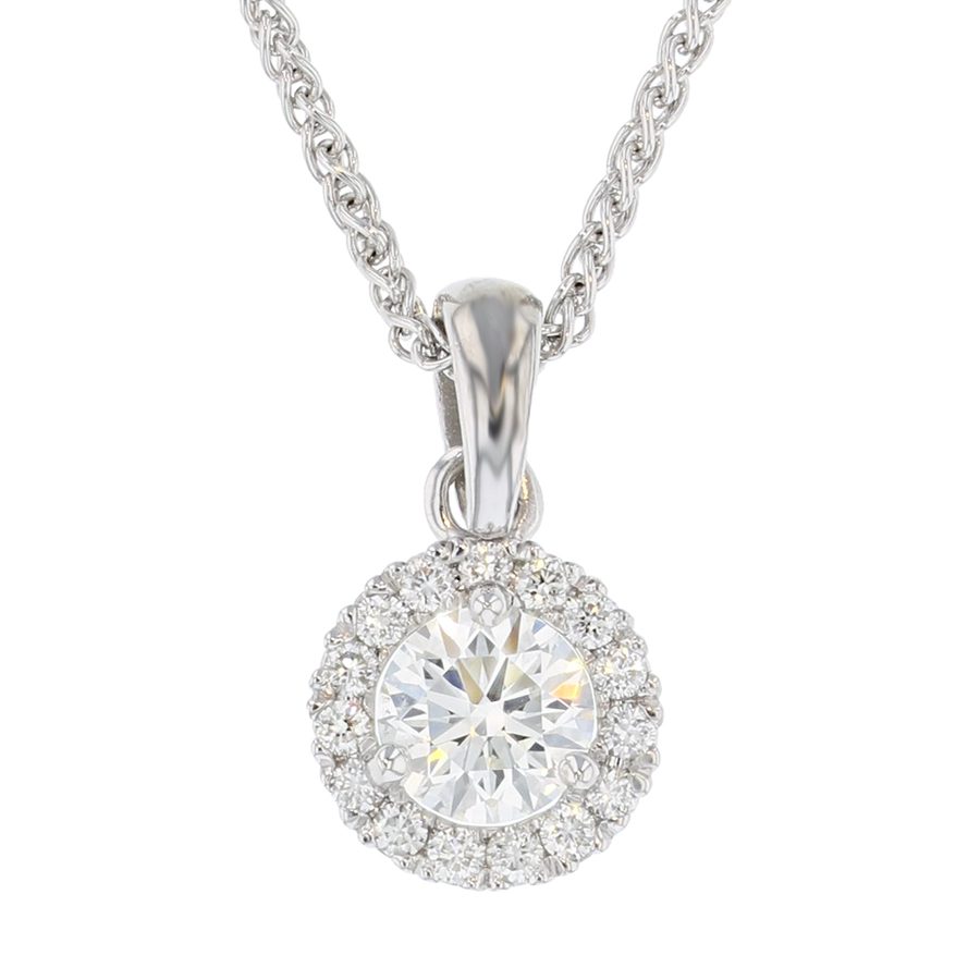 Round Diamond in White Gold Halo Necklace