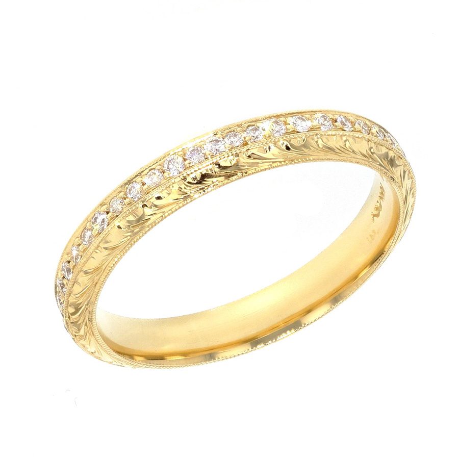 Diamonds in Hand Engraved Yellow Gold Eternity Band