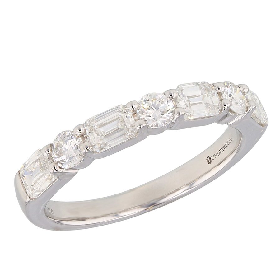 Emerald Cut and Round Diamonds on White Gold Band