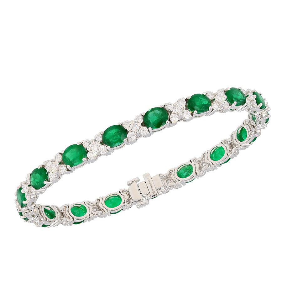 Oval Emeralds with Diamonds in White Gold Bracelet