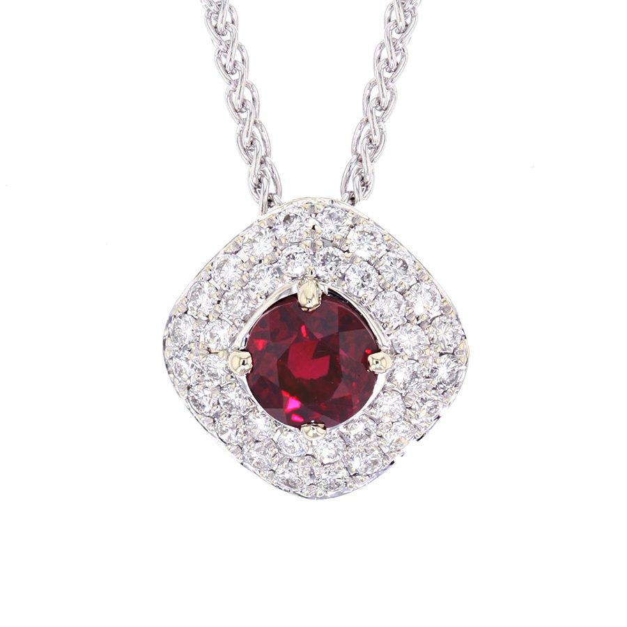 Round Ruby Double Halo White Gold Necklace