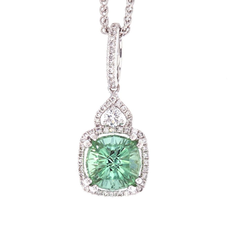 Green Tourmaline Diamond Halo White Gold Pendant