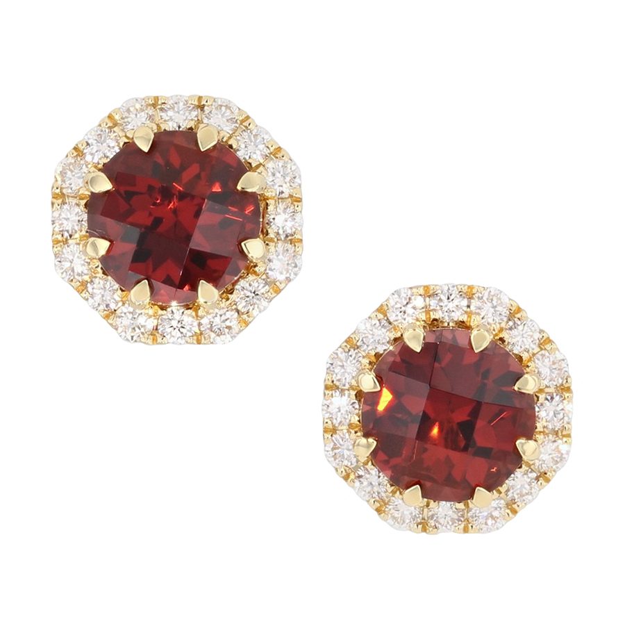 Round Garnets in Yellow Gold Halo Stud Earrings