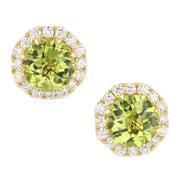 Round Peridot in Yellow Gold Halo Earrings