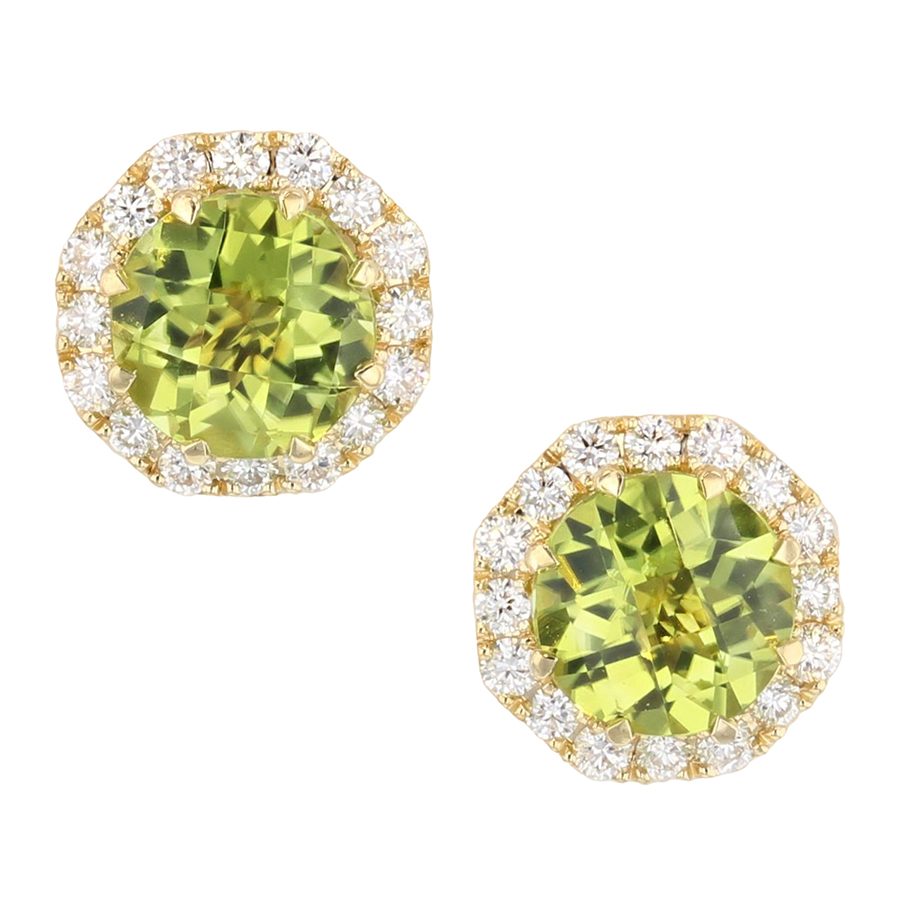 Round Peridot in Yellow Gold Halo Earrings
