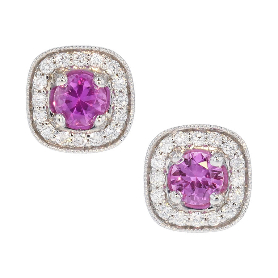 Pink Sapphires in White Gold Halo Earrings