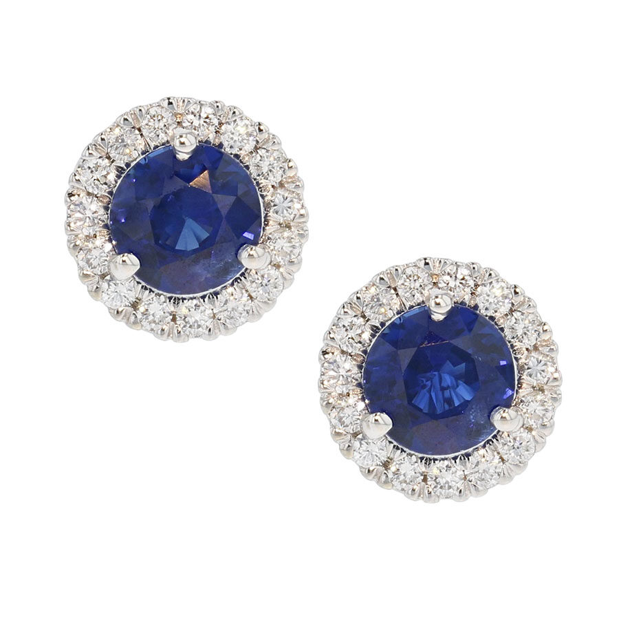 Round Blue Sapphires in White Gold Halo Earrings