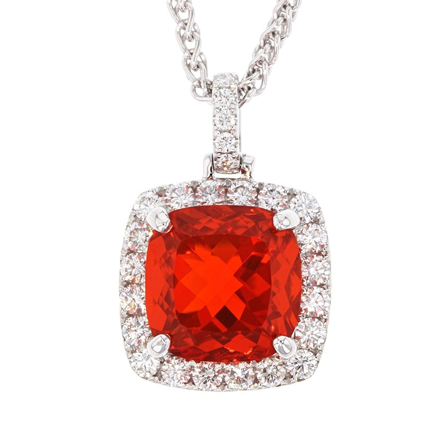 Fire Opal in Diamond Halo White Gold Pendant