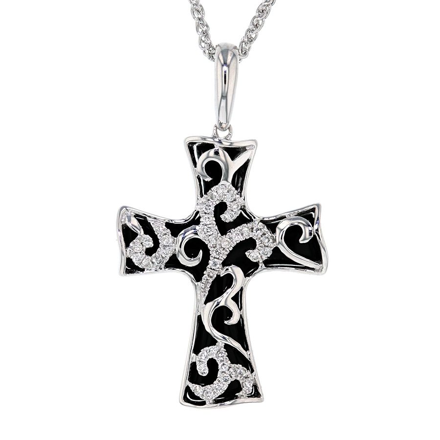 Black Agate and Diamonds in White Gold Cross Pendant