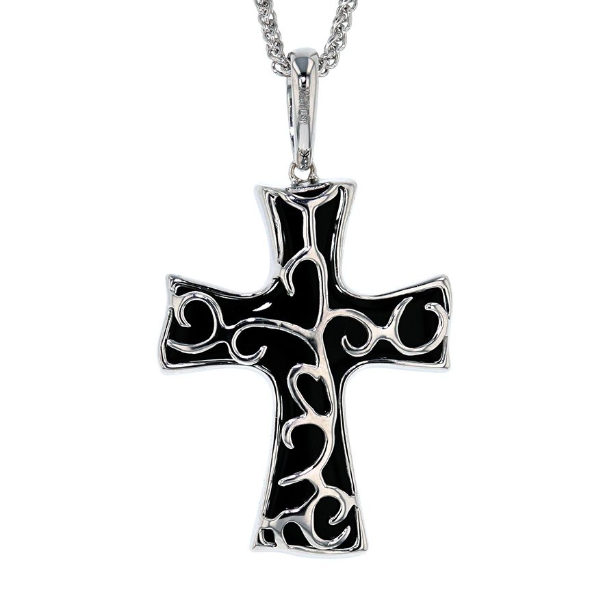 Black Agate and Diamonds in White Gold Cross Pendant