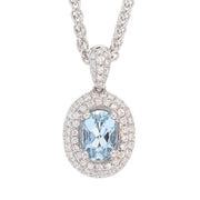 Oval Aquamarine in White Gold Double Halo Pendant