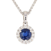 Round Blue Sapphire White Gold Halo Necklace