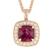 Square Rhodolite Garnet in Rose Gold Halo Necklace