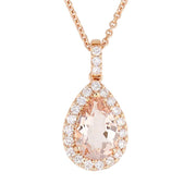 Pear Shaped Morganite in Rose Gold Halo Necklace