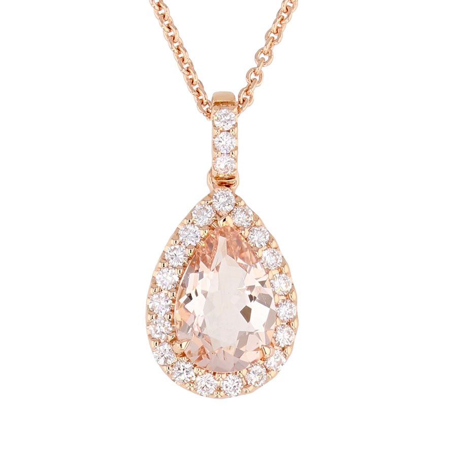 Pear Shaped Morganite in Rose Gold Halo Necklace