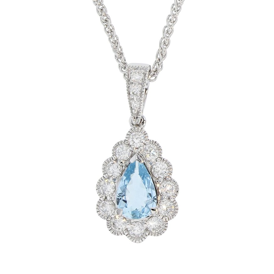 Pear Shaped Aquamarine in White Gold Halo Pendant