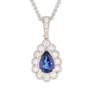 Pear Shaped Sapphire in White Gold Halo Pendant