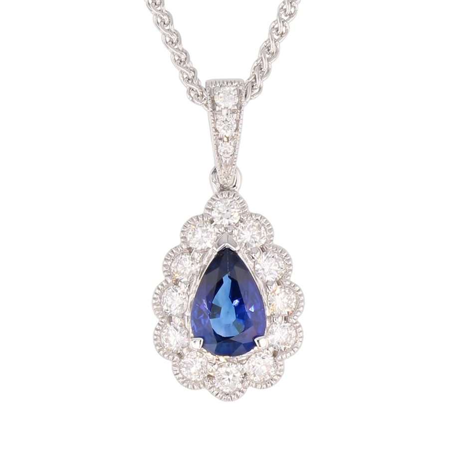Pear Shaped Sapphire in White Gold Halo Pendant