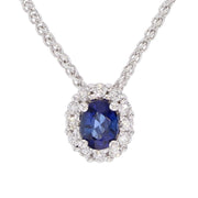 Oval Blue Sapphire in White Gold Halo Necklace