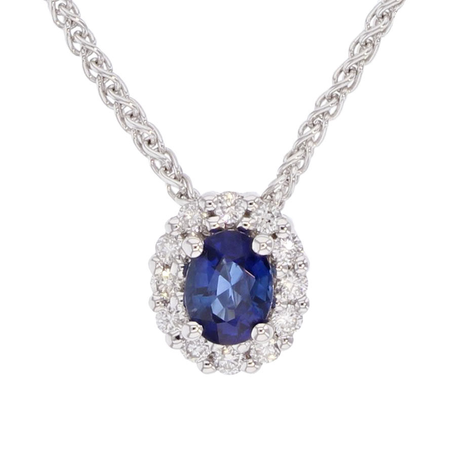 Oval Blue Sapphire in White Gold Halo Necklace
