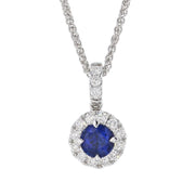 Round Blue Sapphire in White Gold Halo Necklace