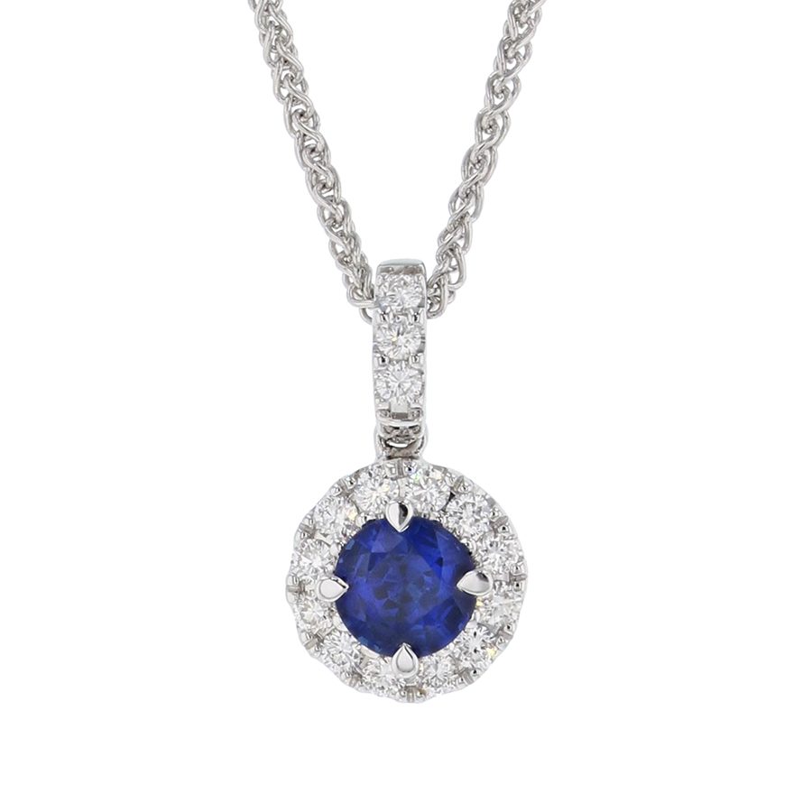 Round Blue Sapphire in White Gold Halo Necklace
