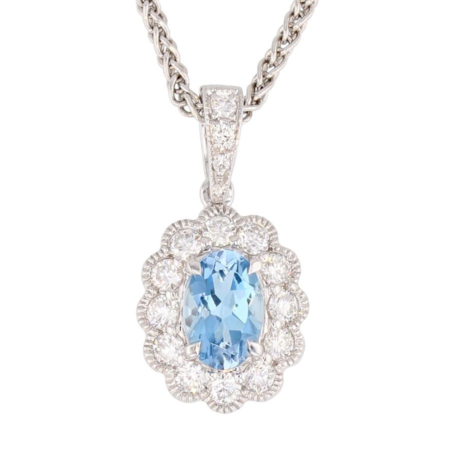 Oval Aquamarine in White Gold Halo Pendant