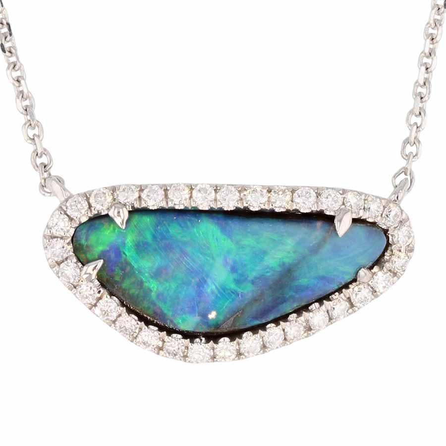 Boulder Opal in White Gold Halo Necklace