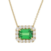 Emerald Cut Green Garnet in Yellow Gold Halo Necklace