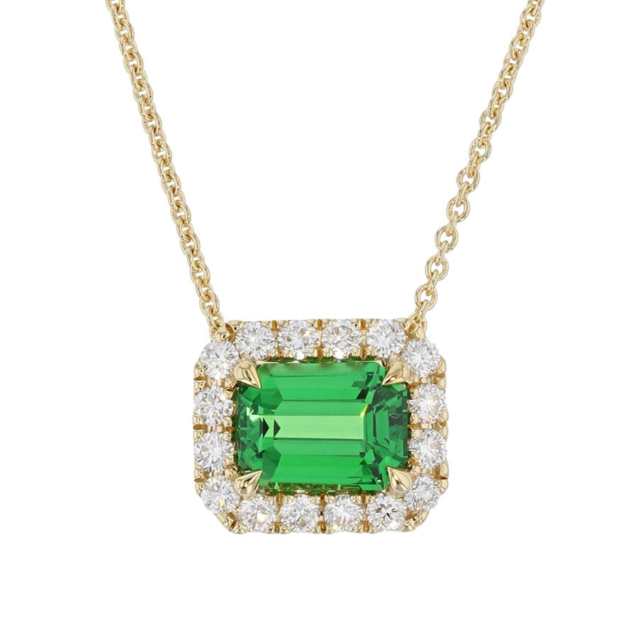 Emerald Cut Green Garnet in Yellow Gold Halo Necklace