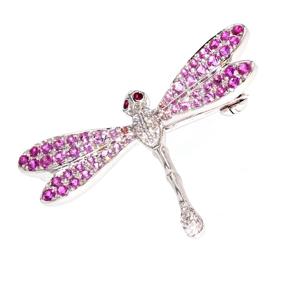 Pink Sapphires and Diamonds in White Gold Dragonfly Brooch