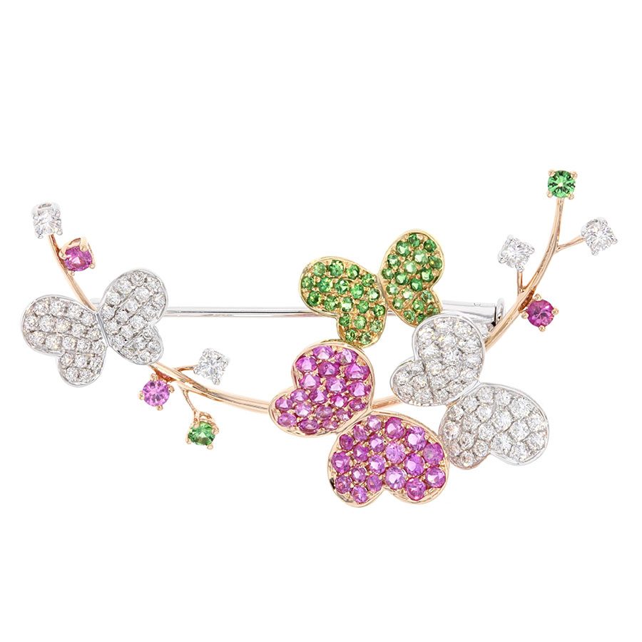 Pink Sapphires and Green Garnets Butterfly Brooch
