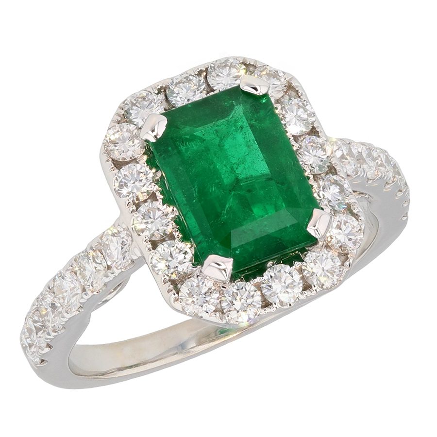 Emerald in Diamond Halo White Gold Ring