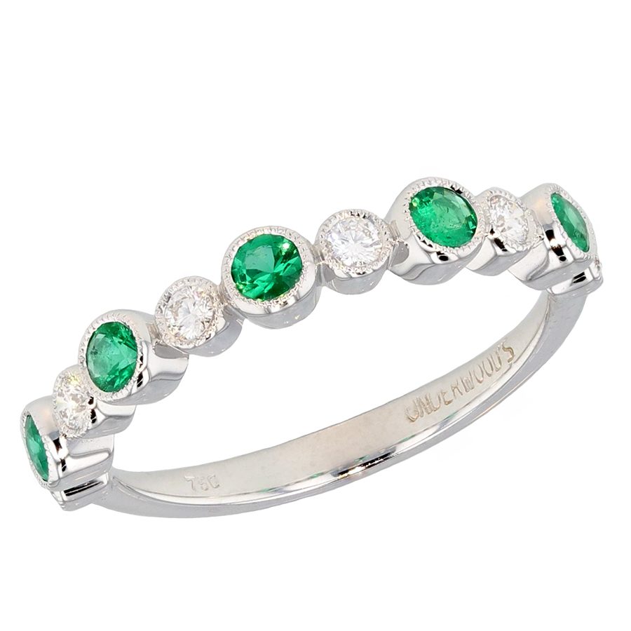 Emeralds and Diamonds in White Gold Bezel Set Ring