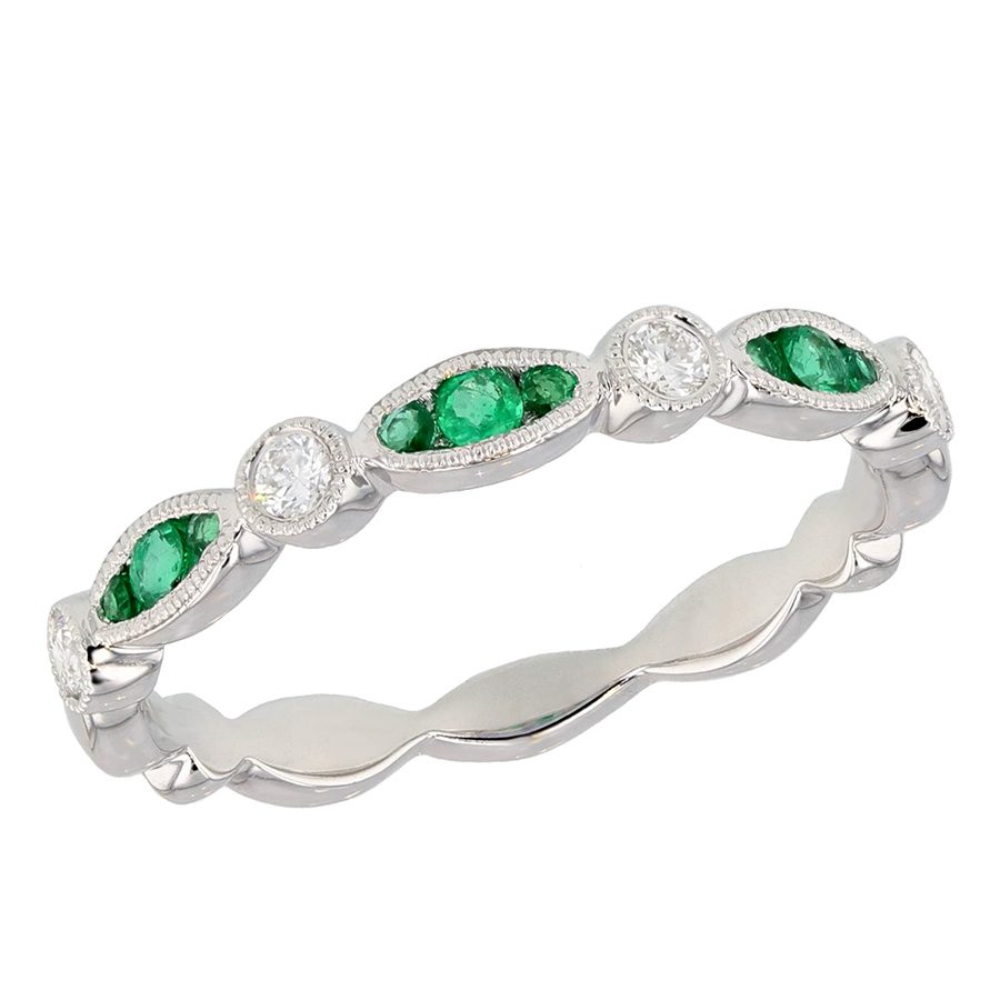 Emeralds and Diamonds in White Gold Band