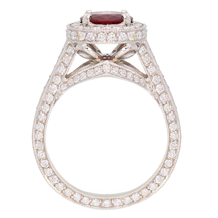 Oval Ruby with Diamond Halo in Platinum Ring