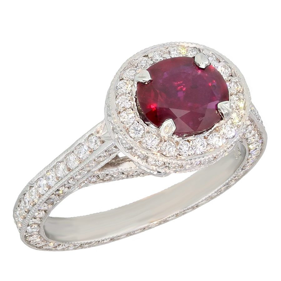 Oval Ruby with Diamond Halo in Platinum Ring