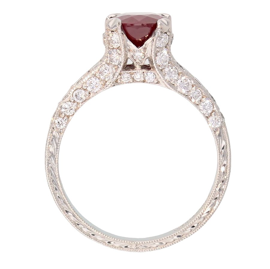 Engraved Platinum Ring with Ruby and Diamonds