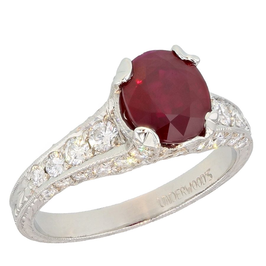 Engraved Platinum Ring with Ruby and Diamonds