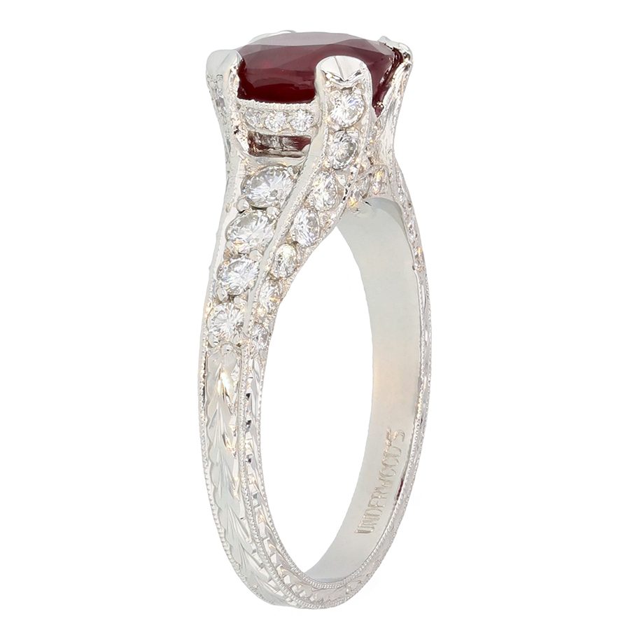 Engraved Platinum Ring with Ruby and Diamonds