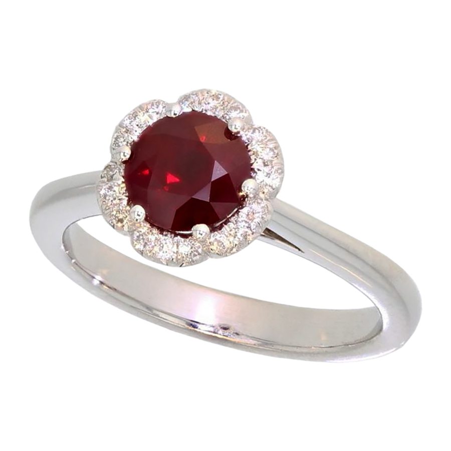 White Gold and Ruby Floral Halo Ring