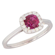 Cushion Ruby with Diamond Halo in White Gold Ring