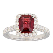Emerald Cut Ruby in White Gold Halo Ring